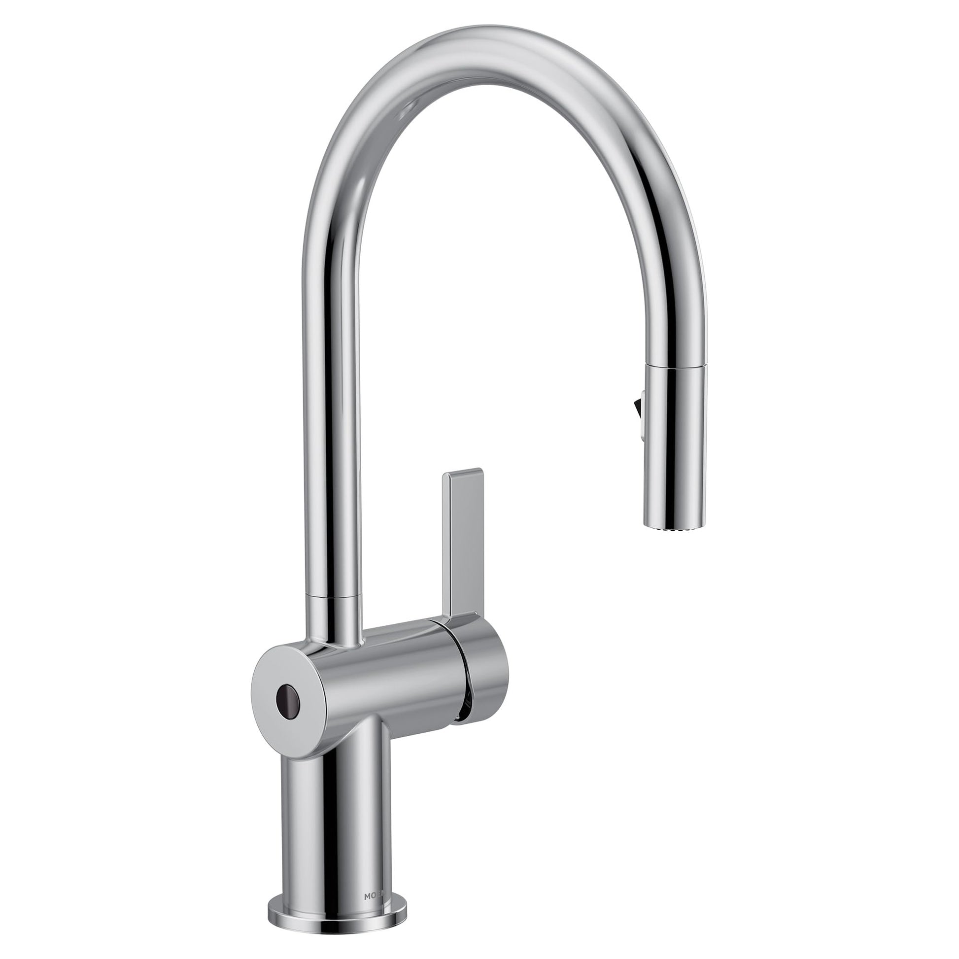 Chrome pulldown kitchen faucet with curved spout, single handle, and motion sensor activation.