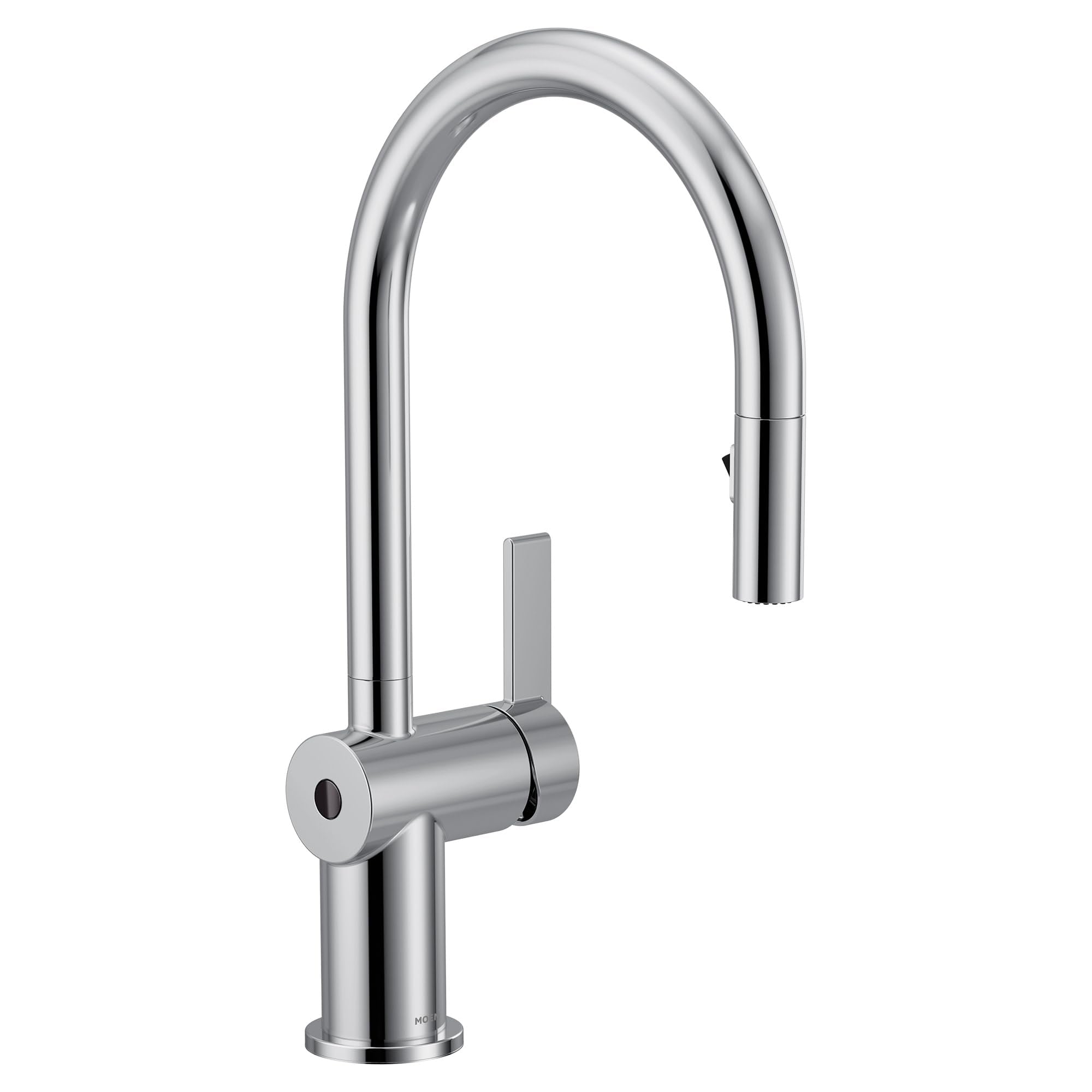 Chrome pulldown kitchen faucet with curved spout, single handle, and motion sensor activation.