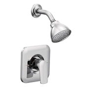 Chrome shower trim with round showerhead and wall-mounted control valve featuring Posi Temp technology.