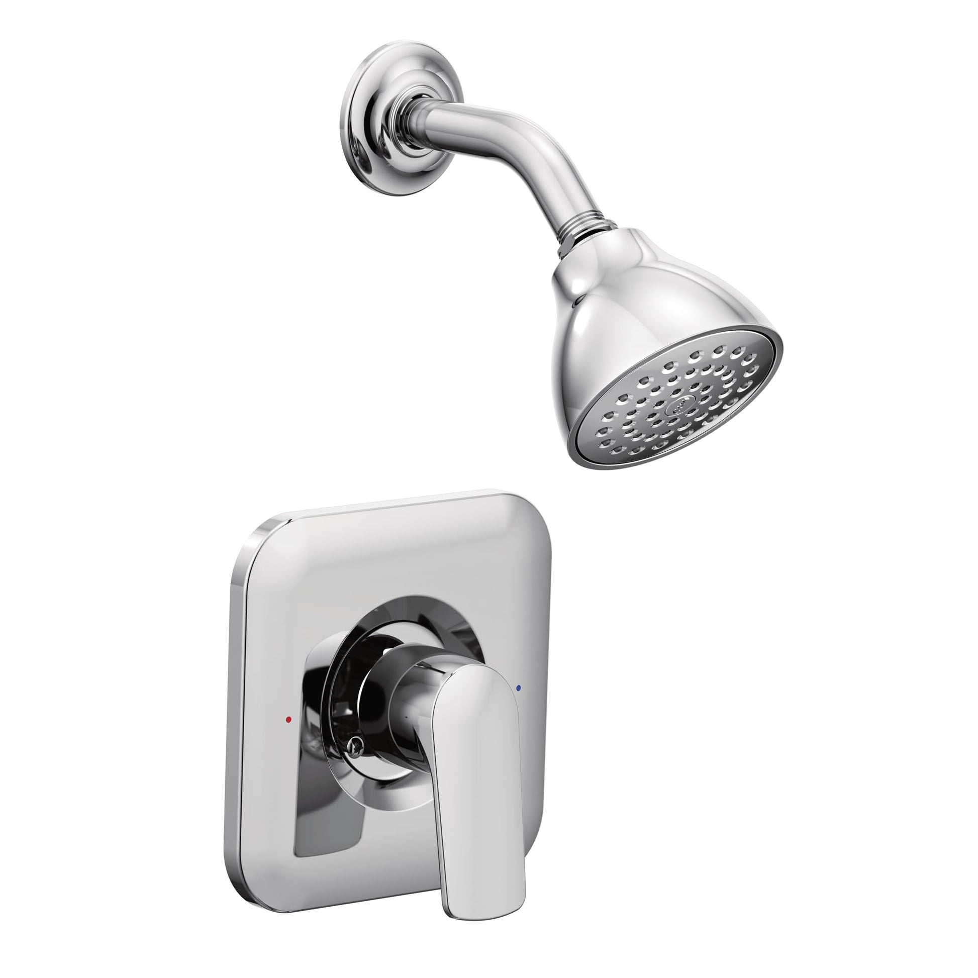 Chrome shower trim with round showerhead and wall-mounted control valve featuring Posi Temp technology.