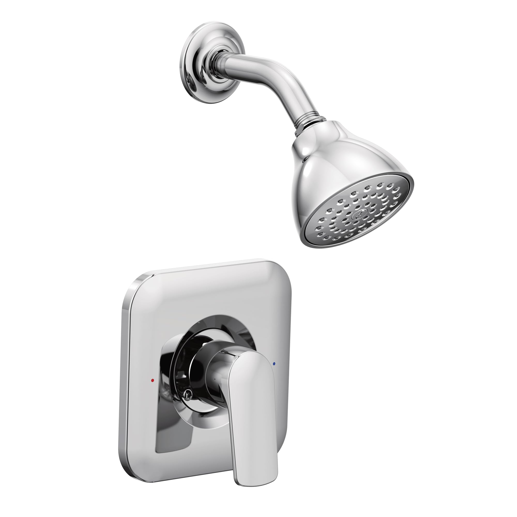 Chrome shower trim with round showerhead and wall-mounted control valve featuring Posi Temp technology.