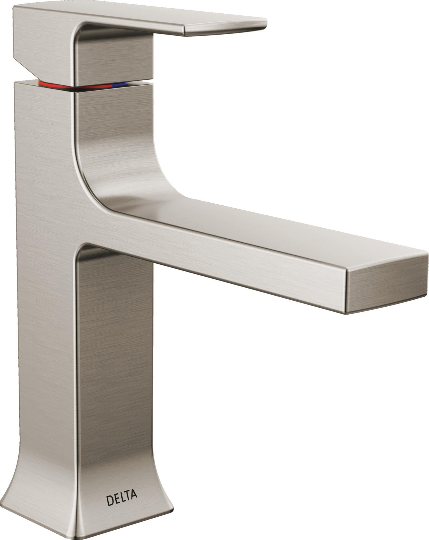 Stainless steel single-handle bathroom faucet with curved spout and rectangular base.