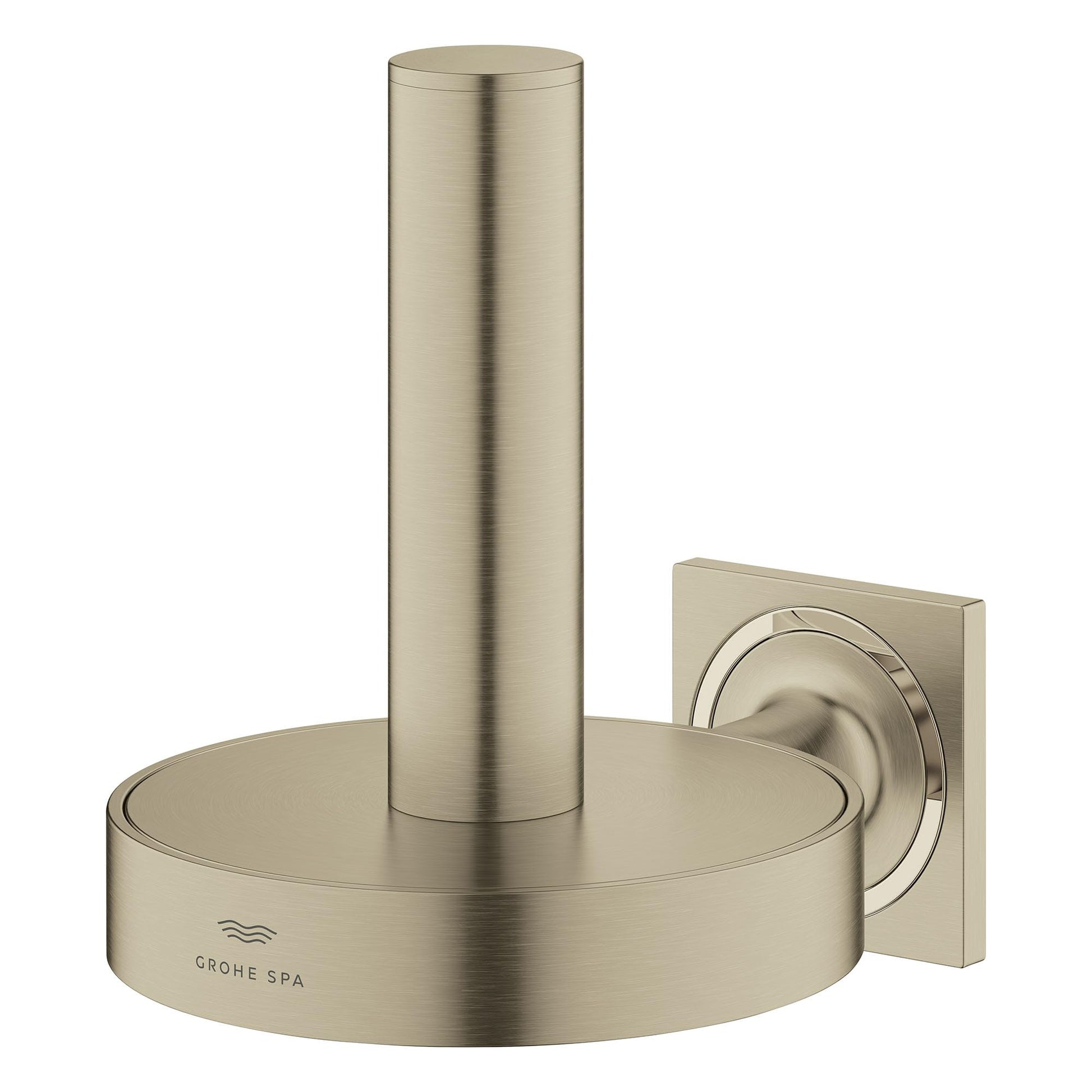 Grohe Allure Reserve toilet paper holder with cylindrical vertical post and round base in brushed chrome finish.