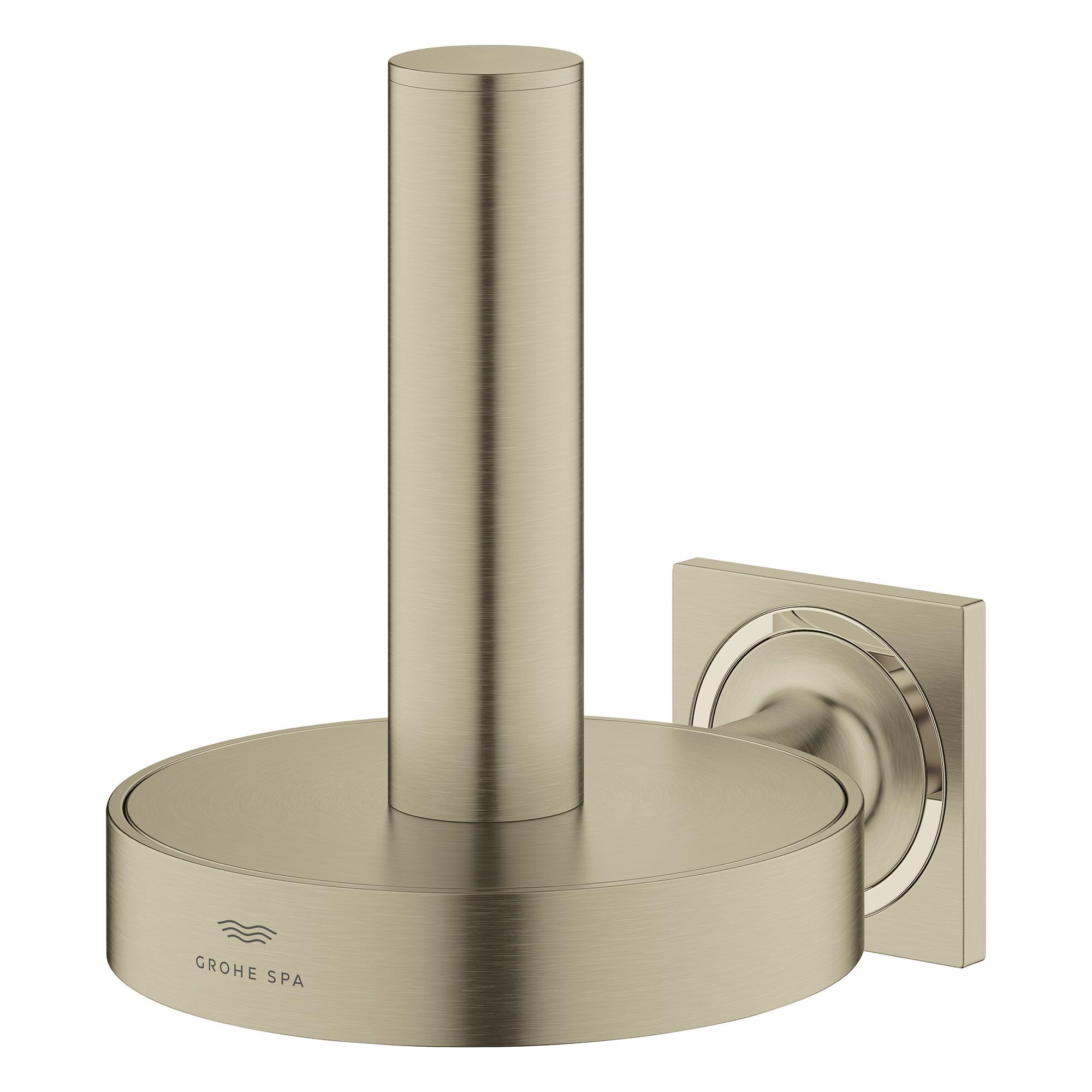 Grohe Allure Reserve toilet paper holder with cylindrical vertical post and round base in brushed chrome finish.