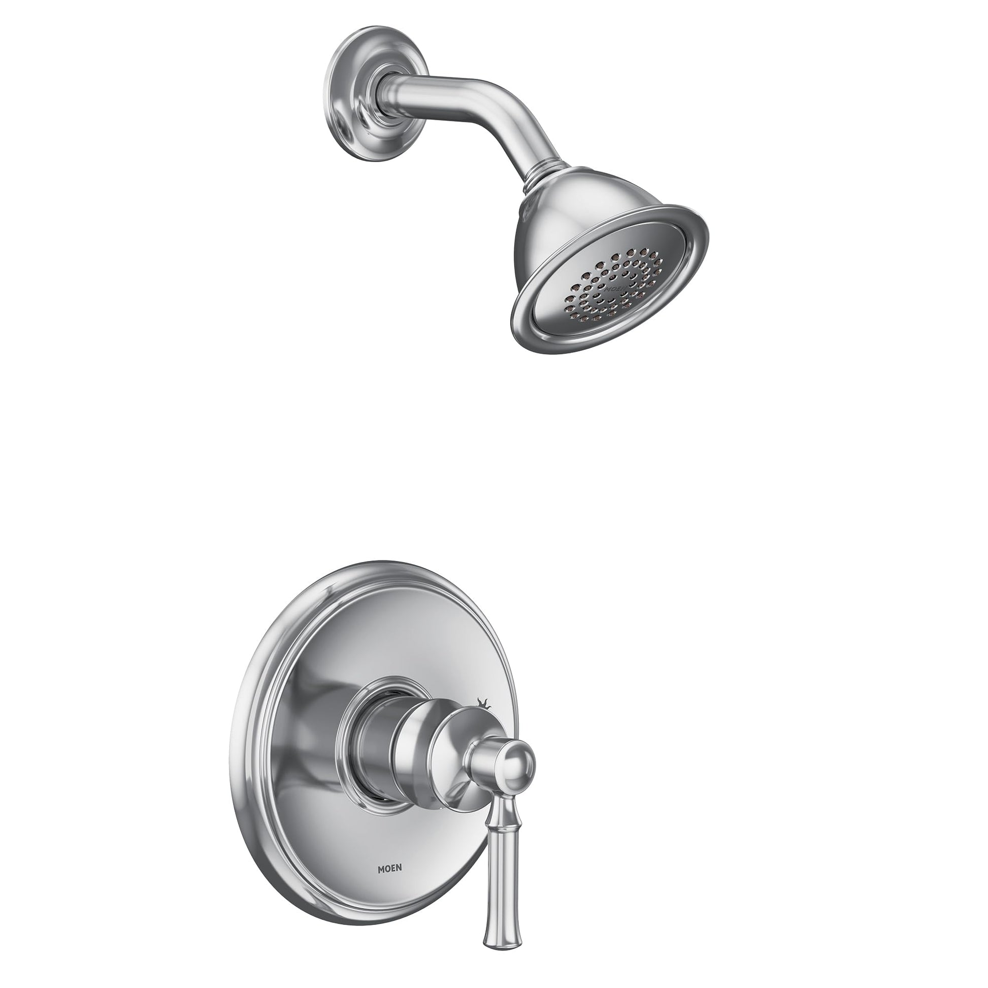 Chrome shower trim kit with single lever handle, round showerhead, and curved arm mount on circular wall plate.
