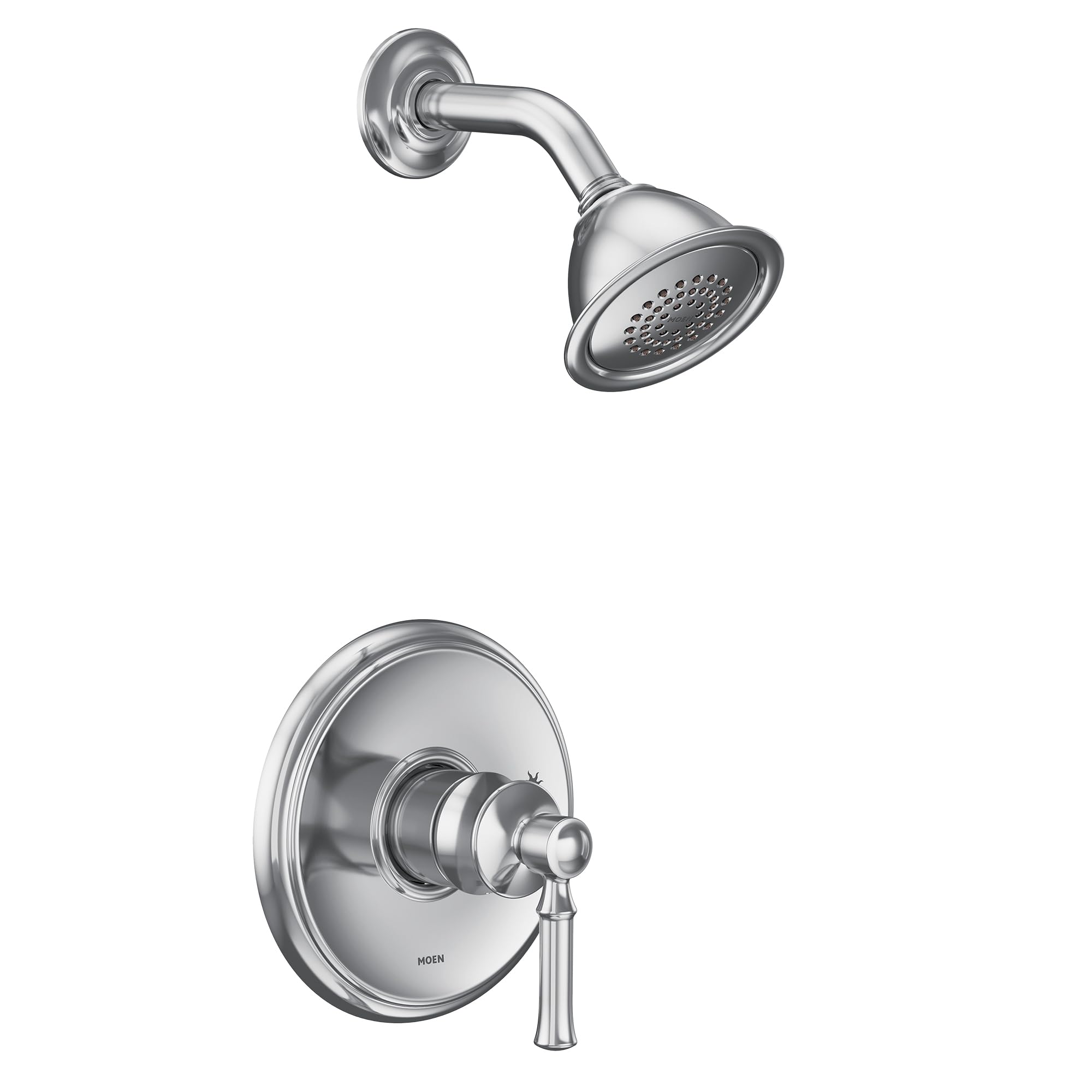 Chrome shower trim kit with single lever handle, round showerhead, and curved arm mount on circular wall plate.