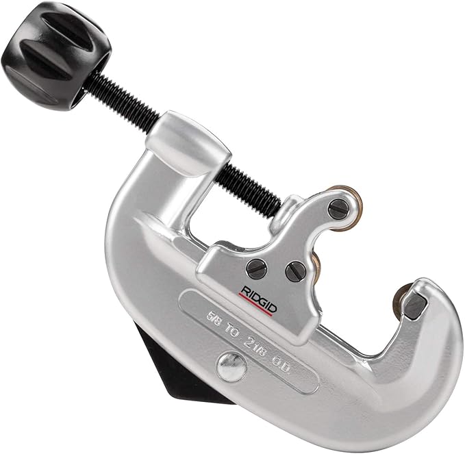 RIDGID screw feed tubing cutter with black knob handle and silver metal body marked for 5/8 to 2-1/8 inch cutting range.