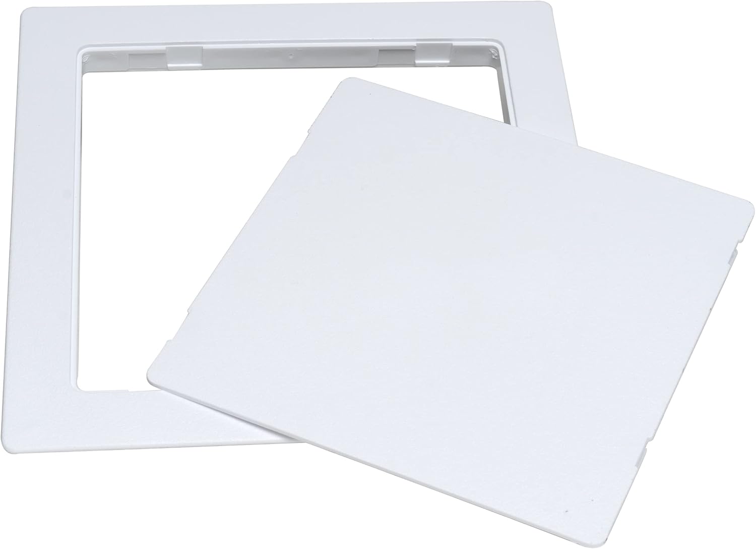 White plastic access panel with removable cover and recessed frame for 14 x 14 inch openings.