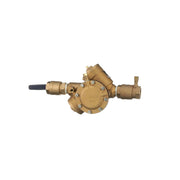 Bronze backflow preventer with three connection ports and a black handle lever on the left side.