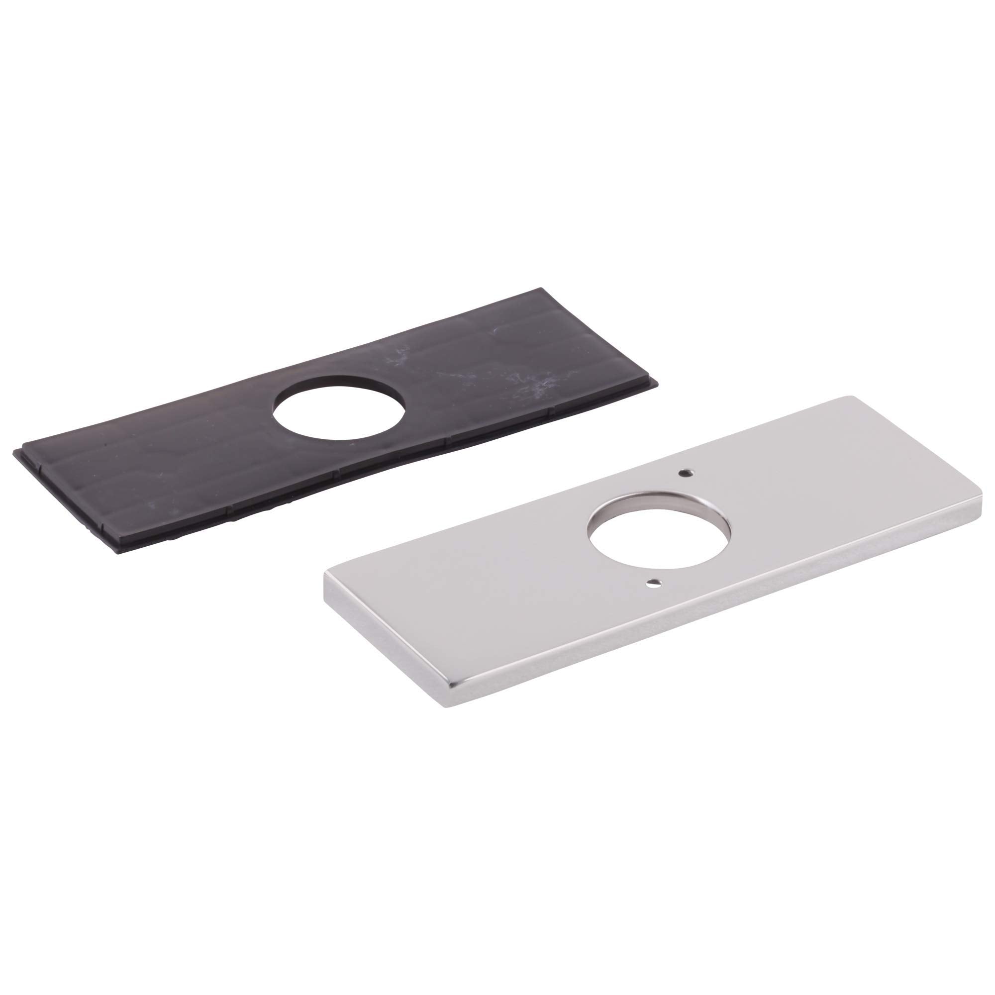 Chrome and black rectangular escutcheon plates with single circular cutouts and mounting holes.