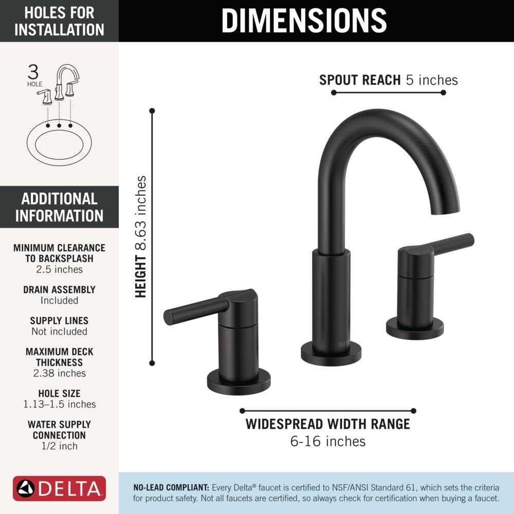 Matte black two-handle widespread bathroom faucet with curved spout and lever handles, 8.63 inches tall.