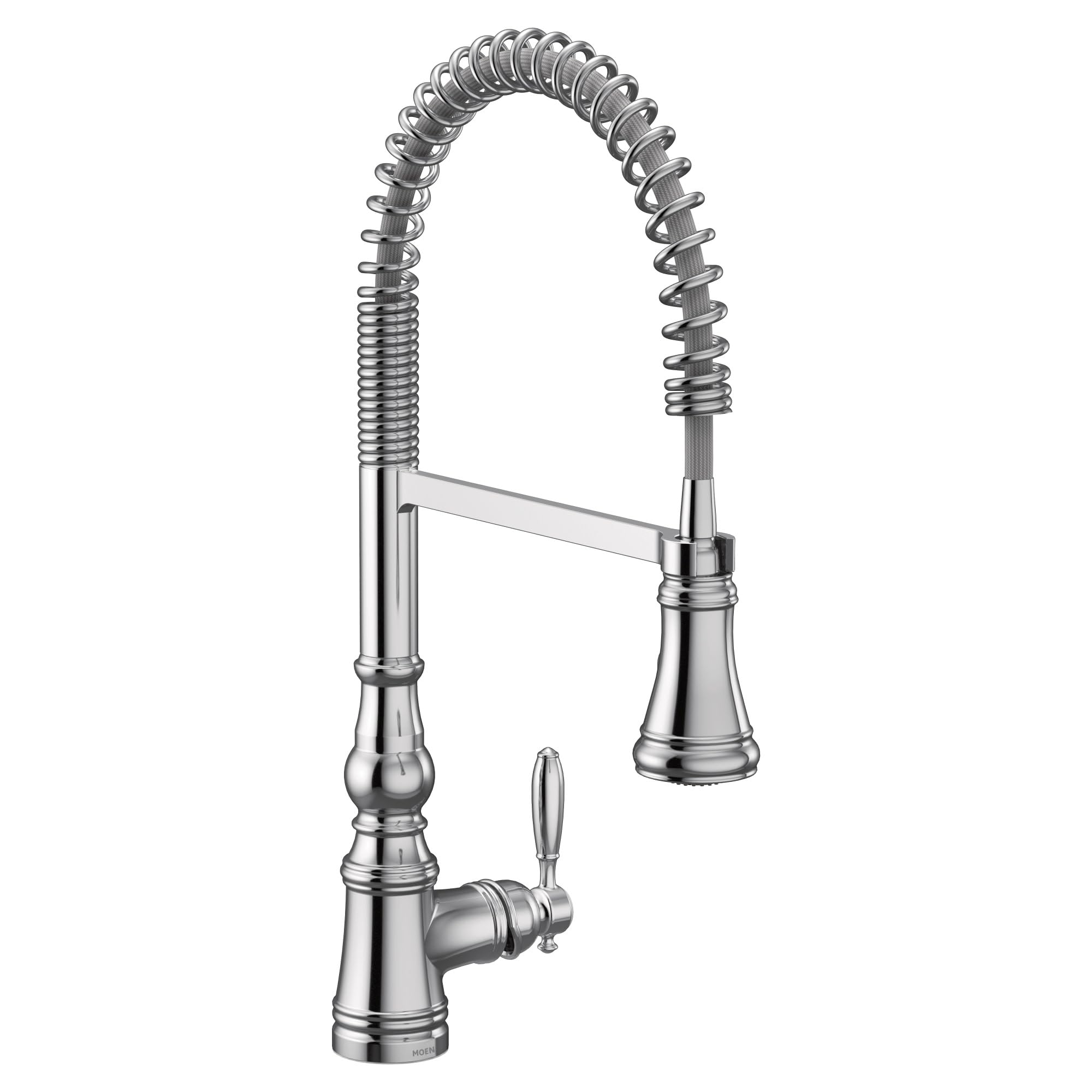 Chrome kitchen faucet with coiled pull-down sprayer and single lever handle.