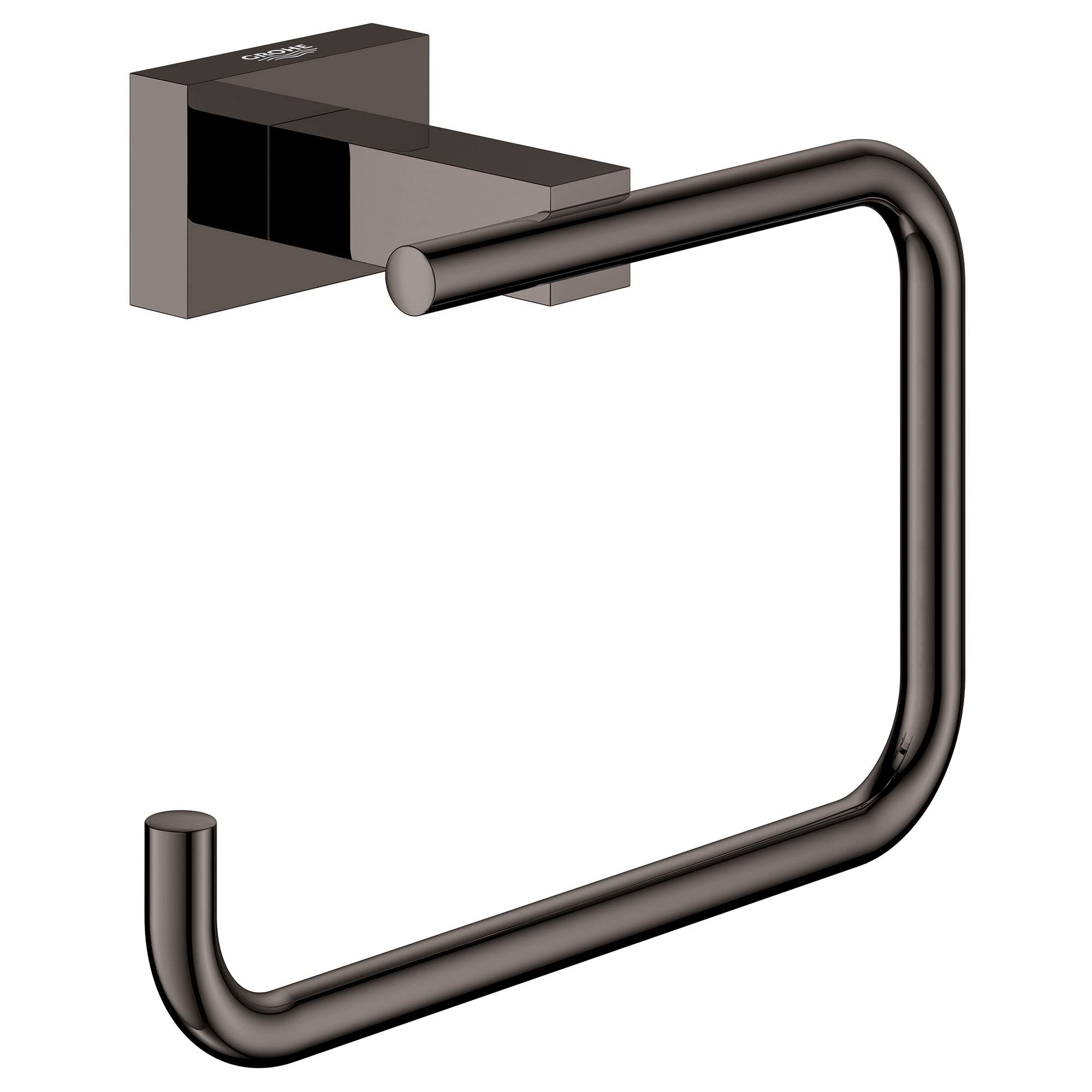 Grohe Essentials Cube paper holder in hard graphite with square wall mount and curved dispensing rod.