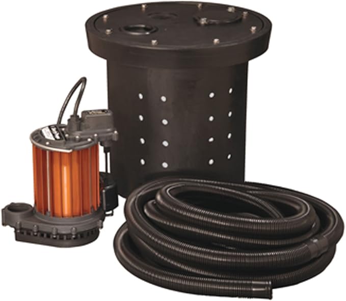 Black sump pump basin with perforated sides, orange and black submersible pump, and coiled black discharge hose.