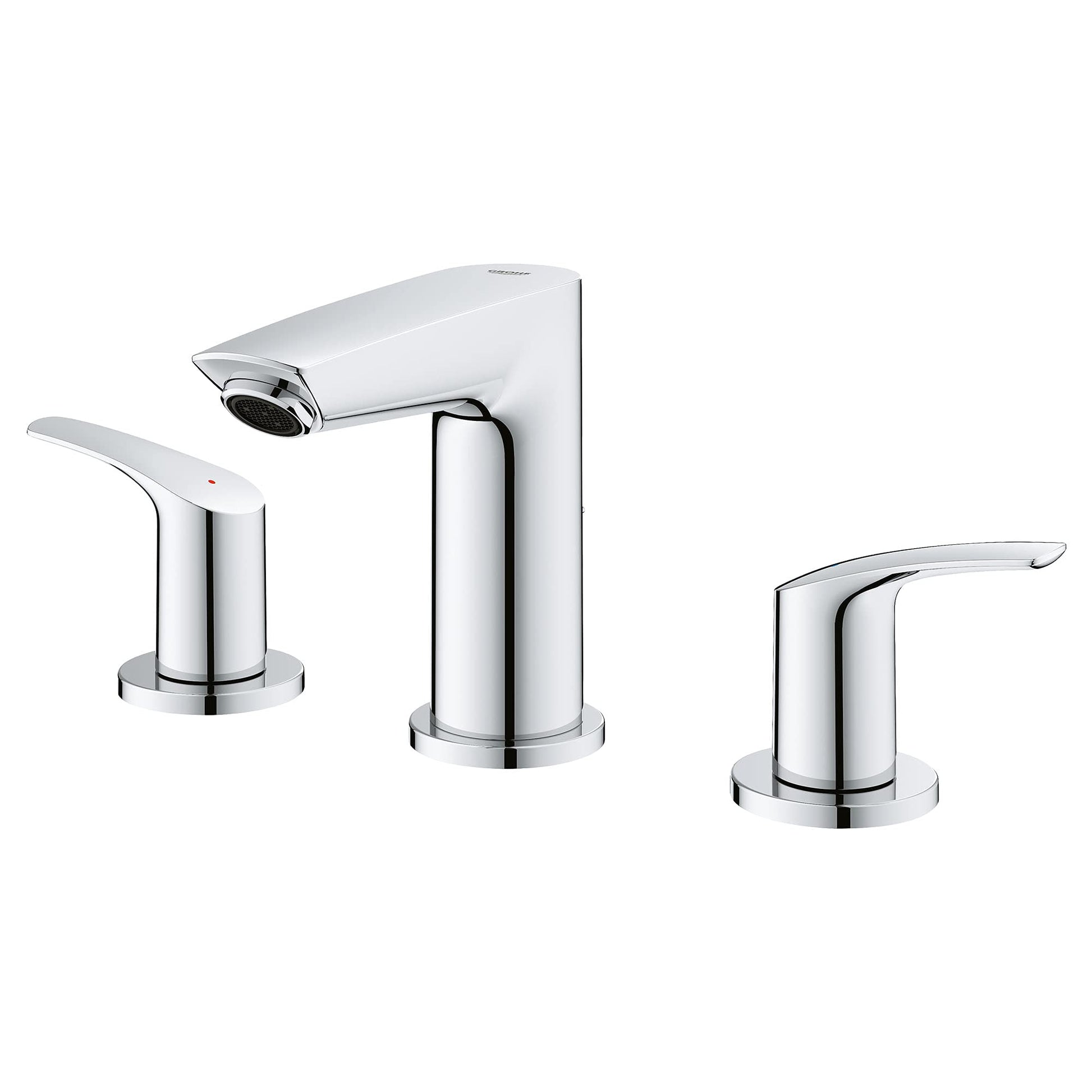Chrome widespread bathroom faucet with tall center spout and two curved side handles.