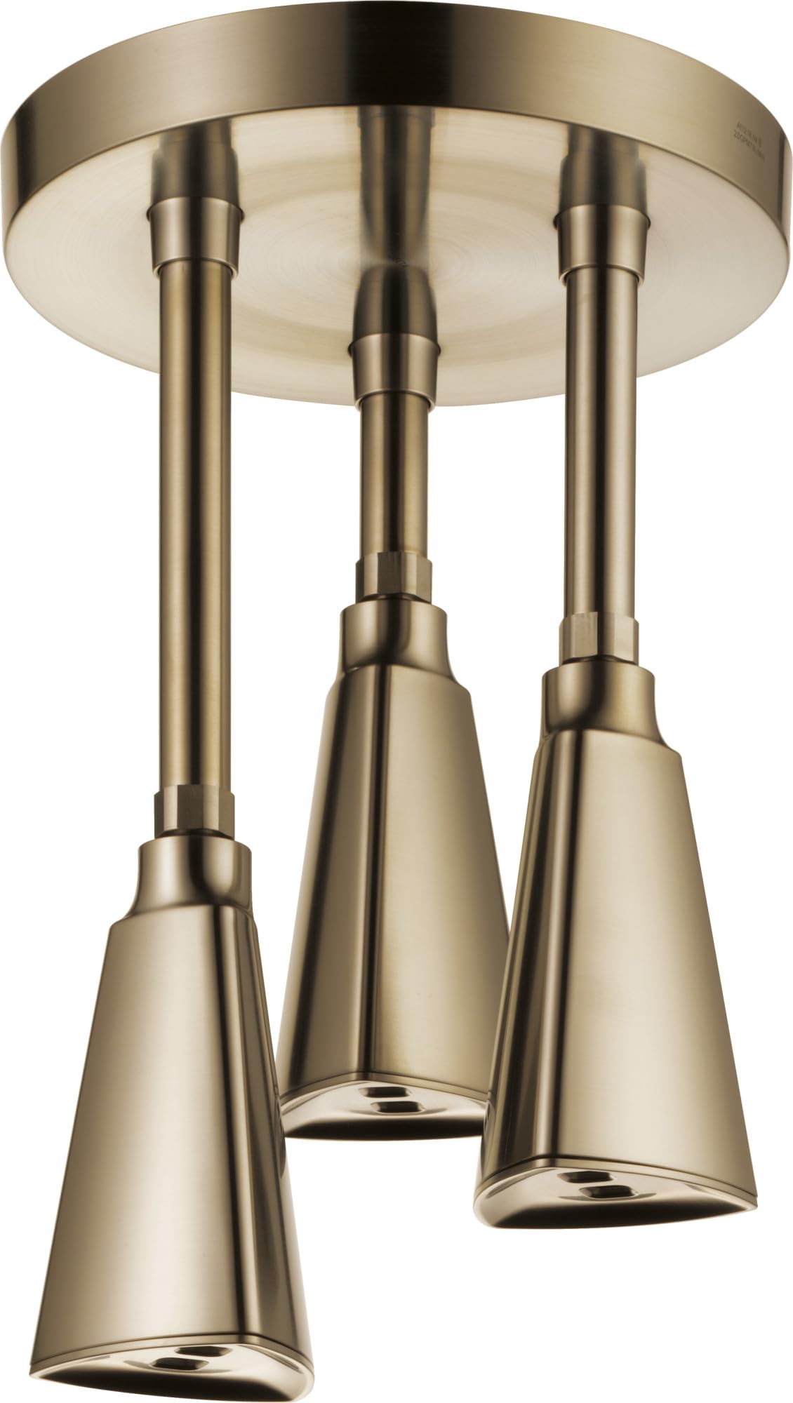 Brushed nickel ceiling-mounted shower head with three cone-shaped nozzles suspended from a round trim plate.