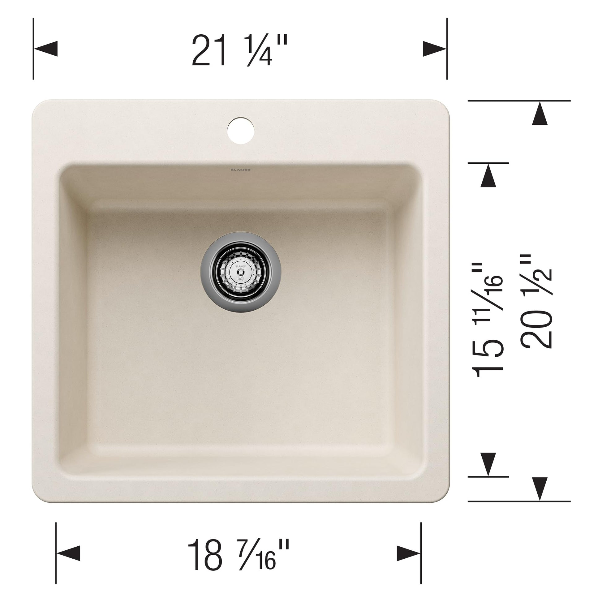 Soft white single-bowl kitchen sink with drain, 21 1/4" wide by 20 1/2" deep, top view with dimensions.