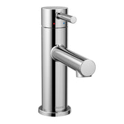 Chrome single-handle bathroom faucet with cylindrical body, lever handle, and spout with red and blue temperature indicators.