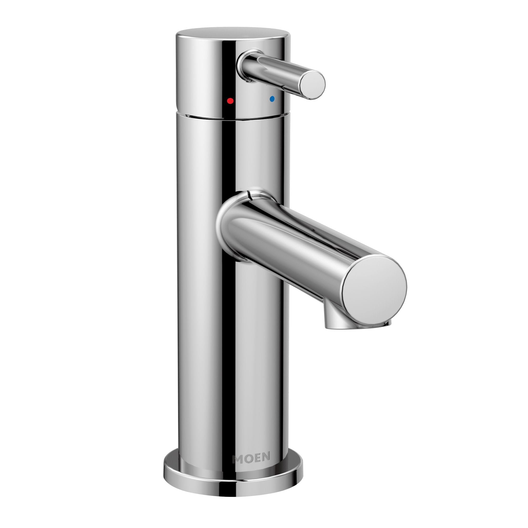 Chrome single-handle bathroom faucet with cylindrical body, lever handle, and spout with red and blue temperature indicators.