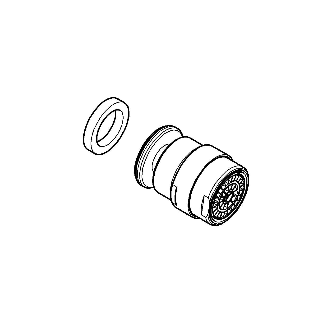 Chrome ball-joint aerator with removable washer ring, shown as disassembled components.