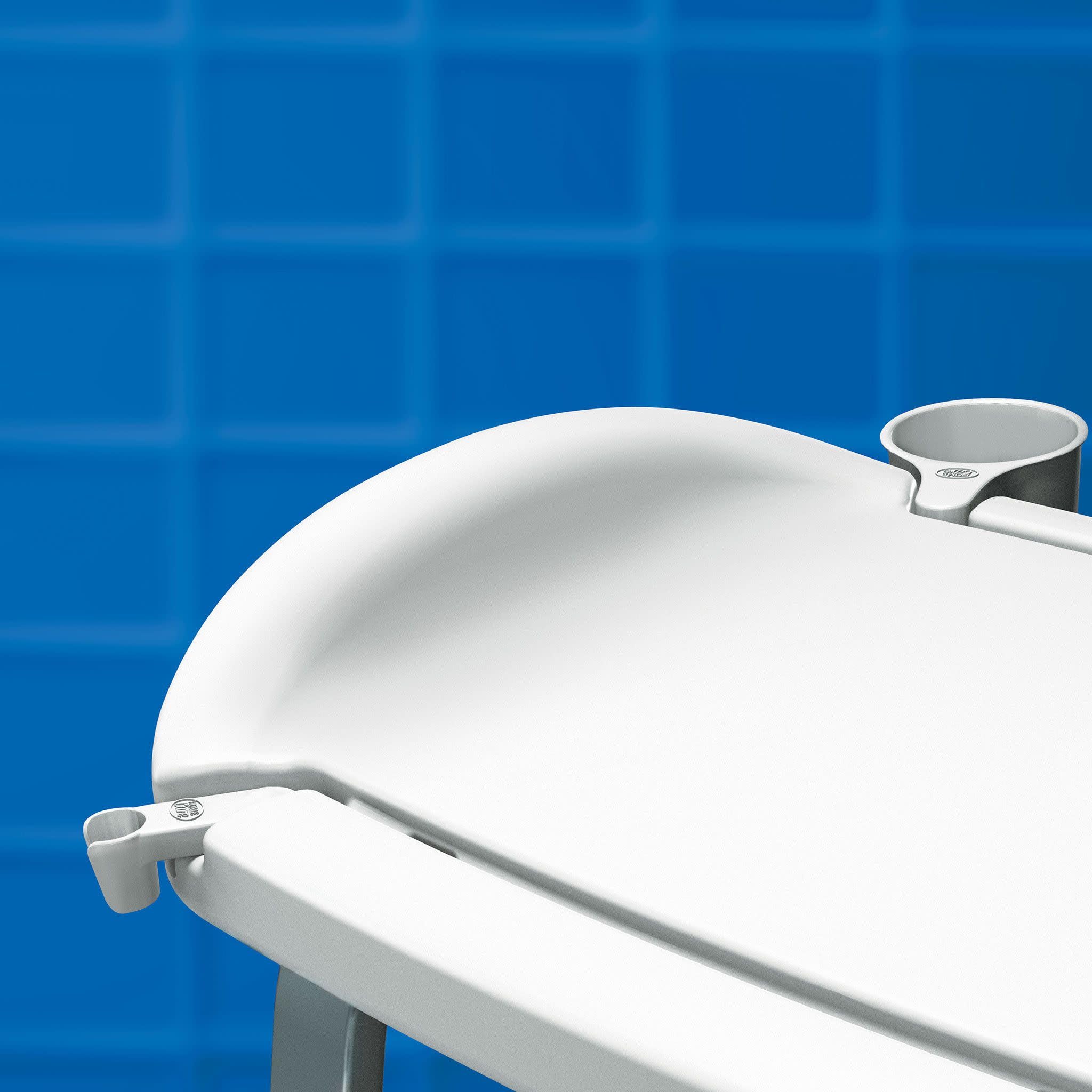 White bath transfer bench with gray handles on both ends and textured seat surface against blue background.