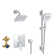 Chrome shower set with overhead and handheld showerheads, valve trim, rough-in body, and slide bar.