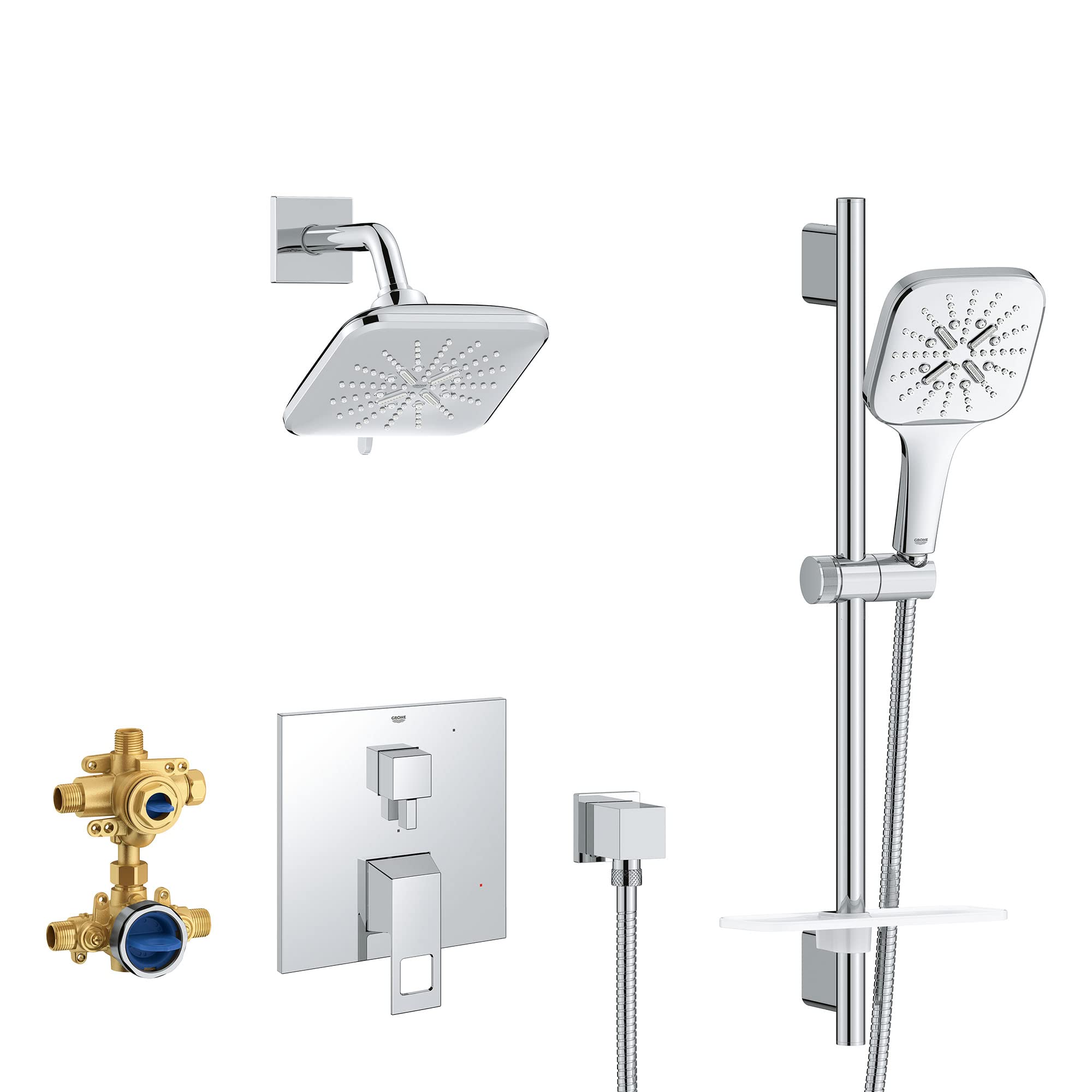 Chrome shower set with overhead and handheld showerheads, valve trim, rough-in body, and slide bar.