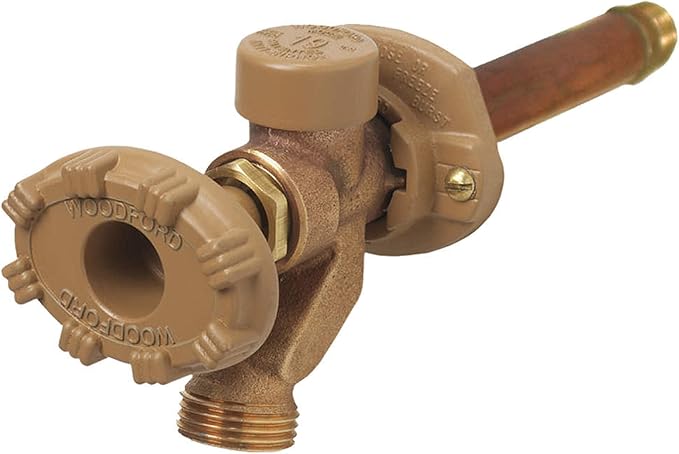 Brass wall-mounted faucet with wooden handle, shutoff valve, and threaded outlet connection.