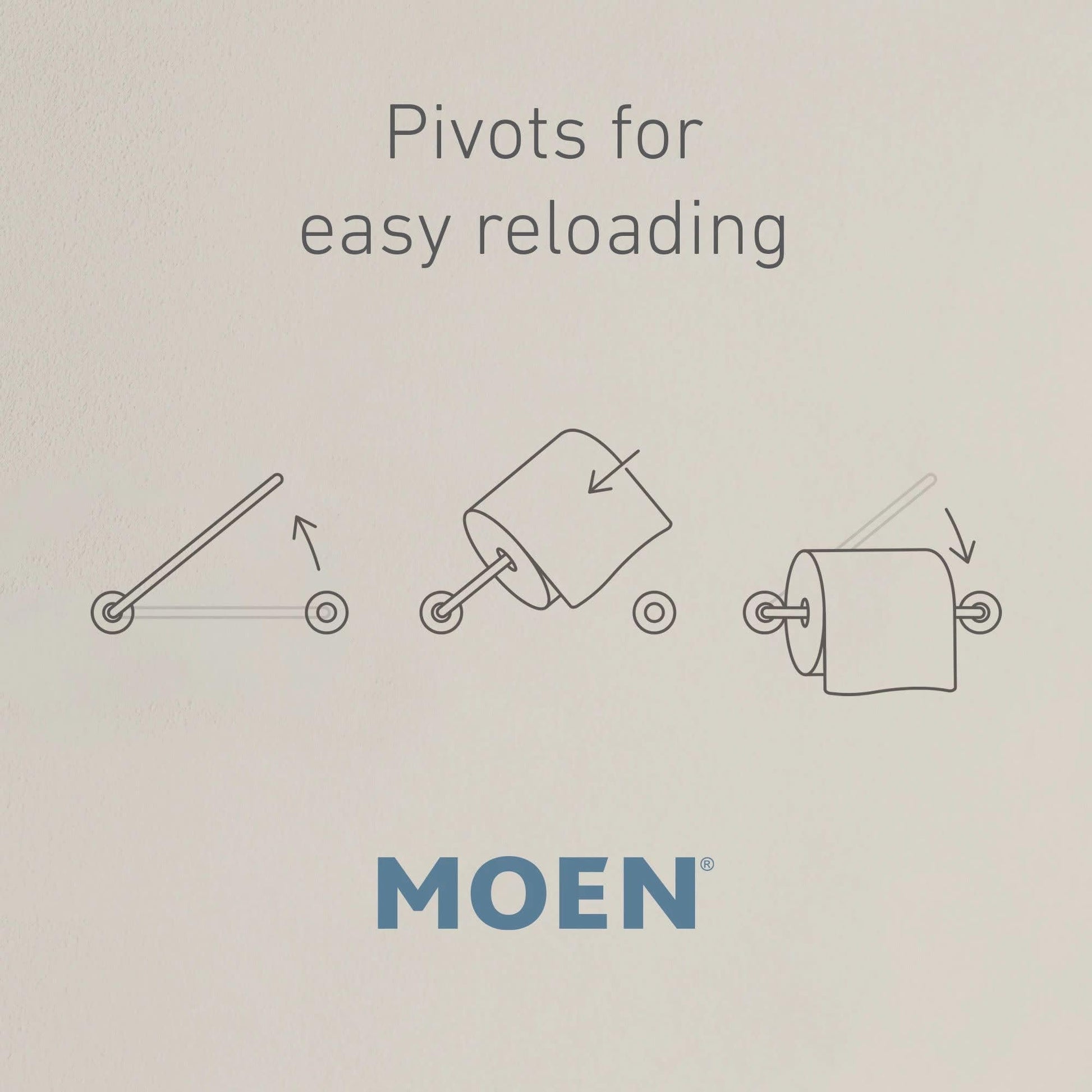 Chrome pivoting toilet paper holder shown in three positions demonstrating rotating arm function for loading and dispensing.