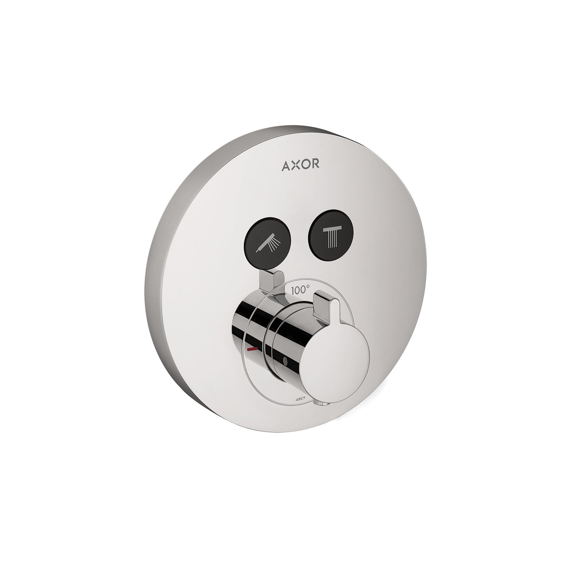 Round chrome shower valve trim with two black function buttons and single control lever marked 100 degrees.