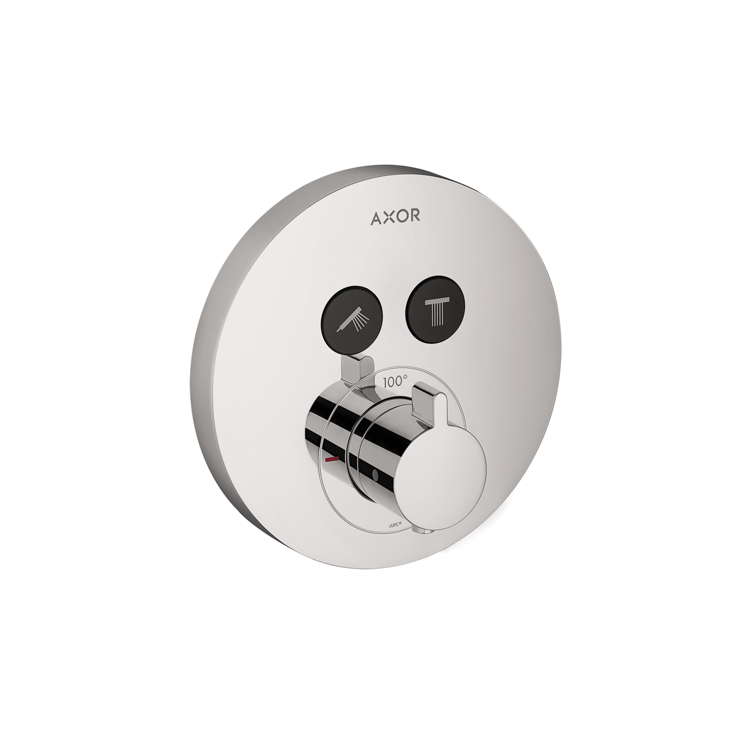 Round chrome shower valve trim with two black function buttons and single control lever marked 100 degrees.