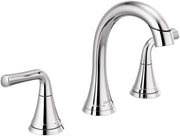 Chrome widespread bathroom faucet with curved spout and two lever handles.