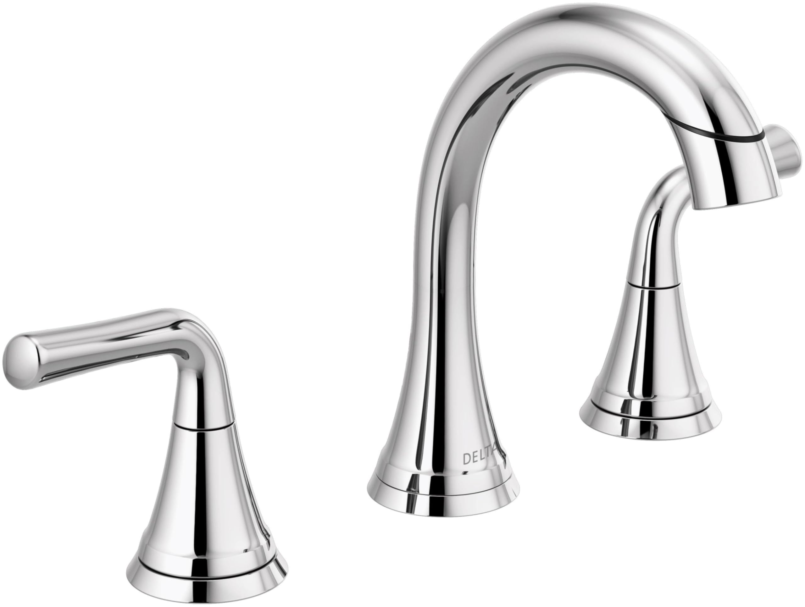 Chrome widespread bathroom faucet with curved spout and two lever handles.