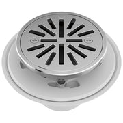 Chrome round shower drain with radial slot grate and white base collar for tile-in installation.