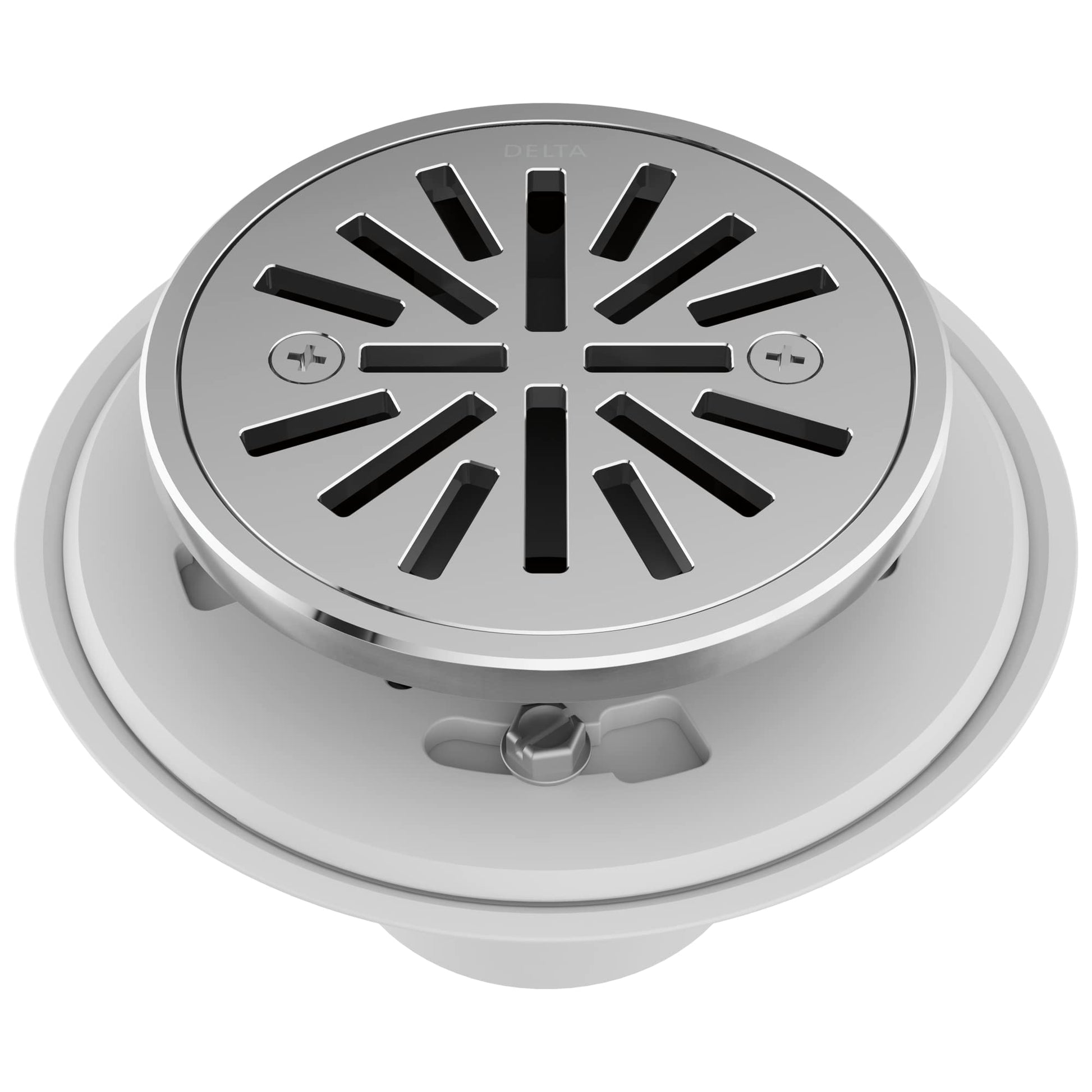 Chrome round shower drain with radial slot grate and white base collar for tile-in installation.