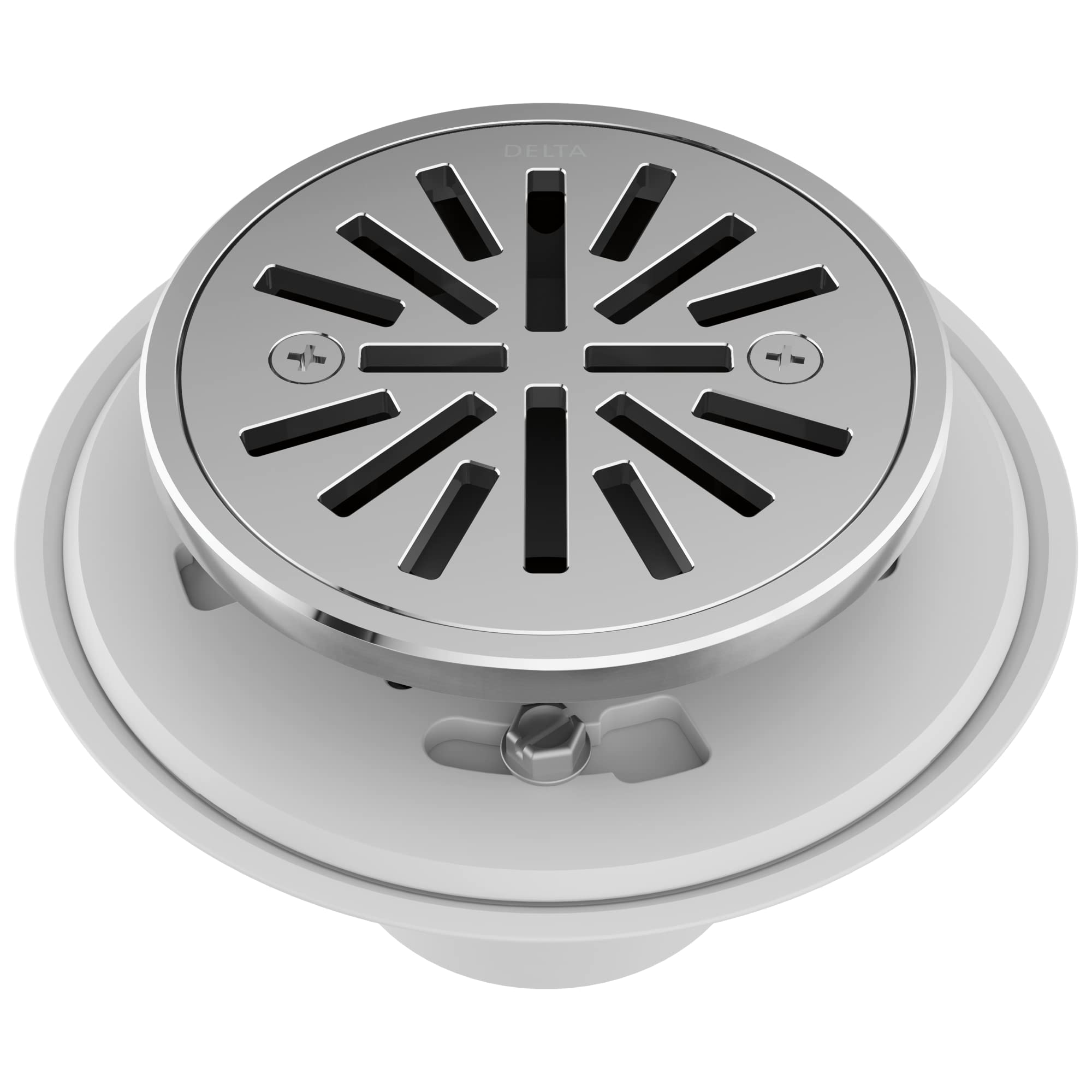 Chrome round shower drain with radial slot grate and white base collar for tile-in installation.