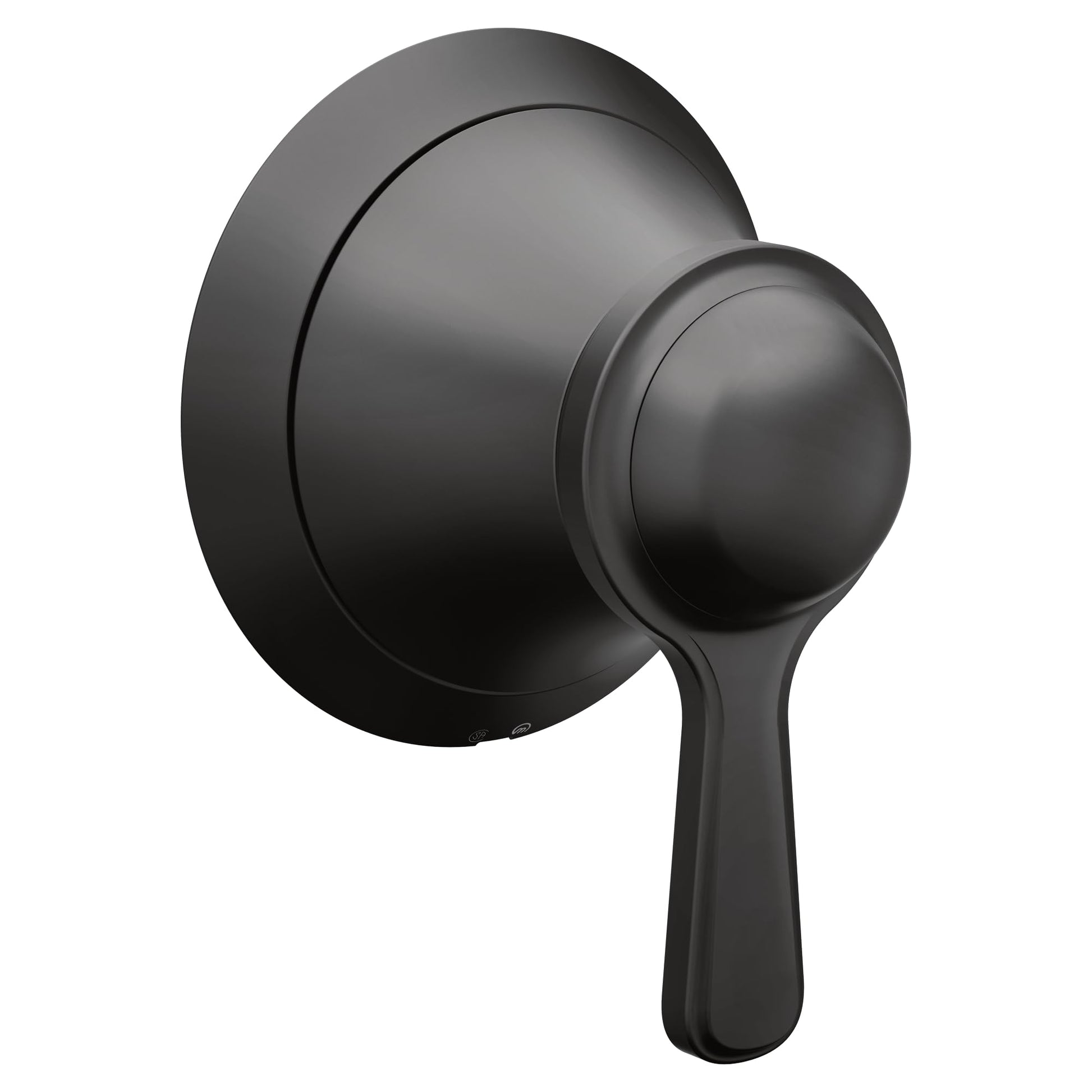 Matte black traditional shower valve trim kit with round escutcheon plate and lever handle.