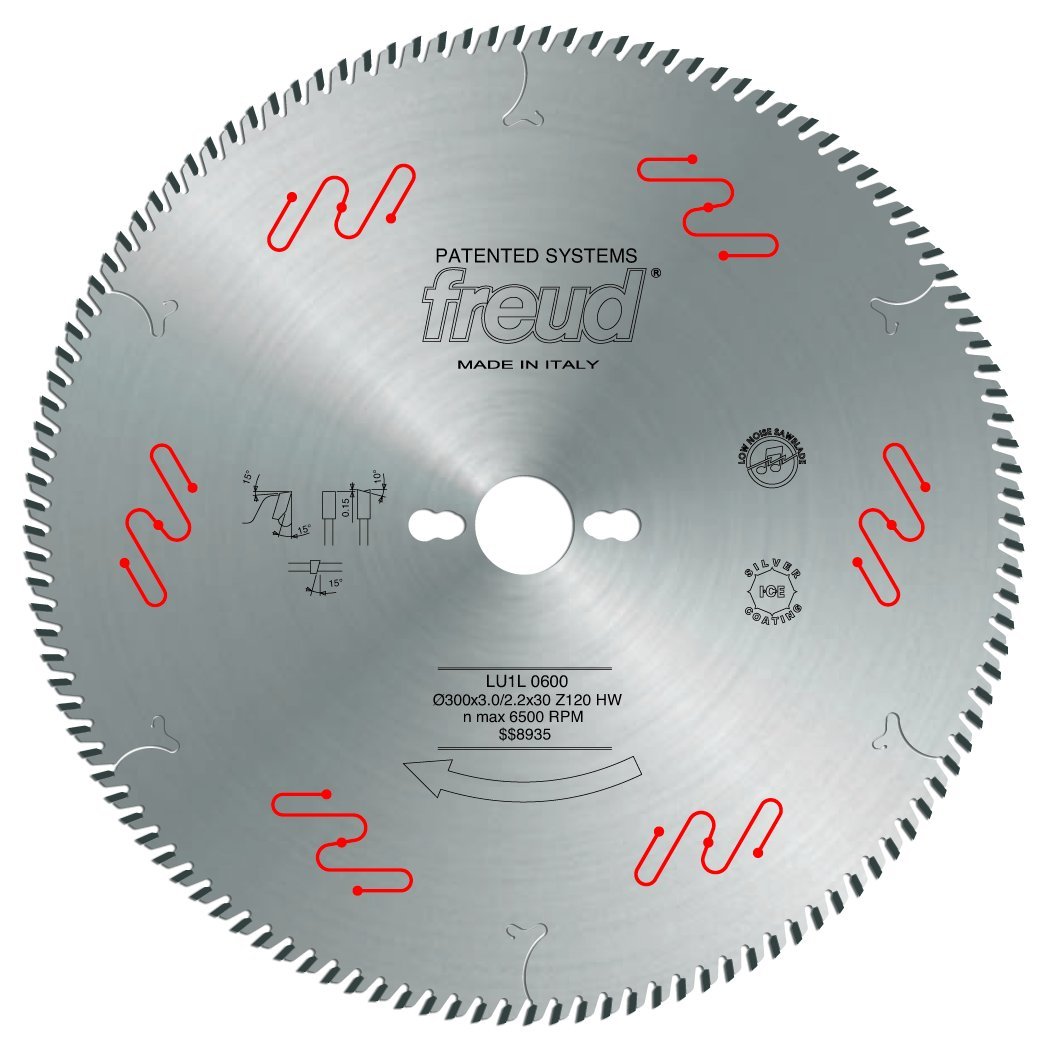 Gray carbide-tipped circular saw blade with red wave markings and center hole, labeled Freud LU1L0600.