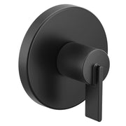 Matte black single-handle shower valve trim with circular escutcheon plate and lever handle.