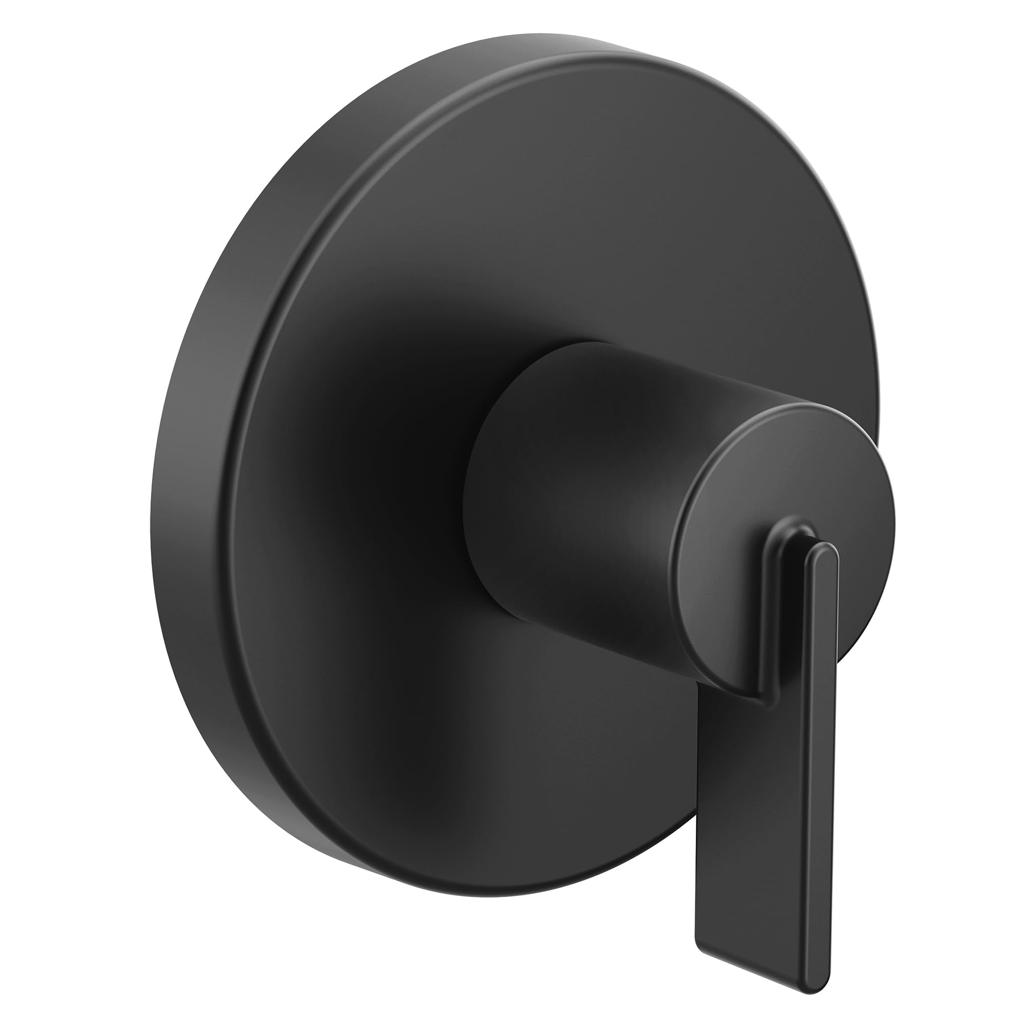 Matte black single-handle shower valve trim with circular escutcheon plate and lever handle.