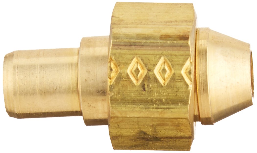 Brass quick-connect nut and adapter with diamond-etched center section and cylindrical ports on each end.