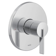 Chrome single-handle shower trim with round escutcheon plate and lever handle.