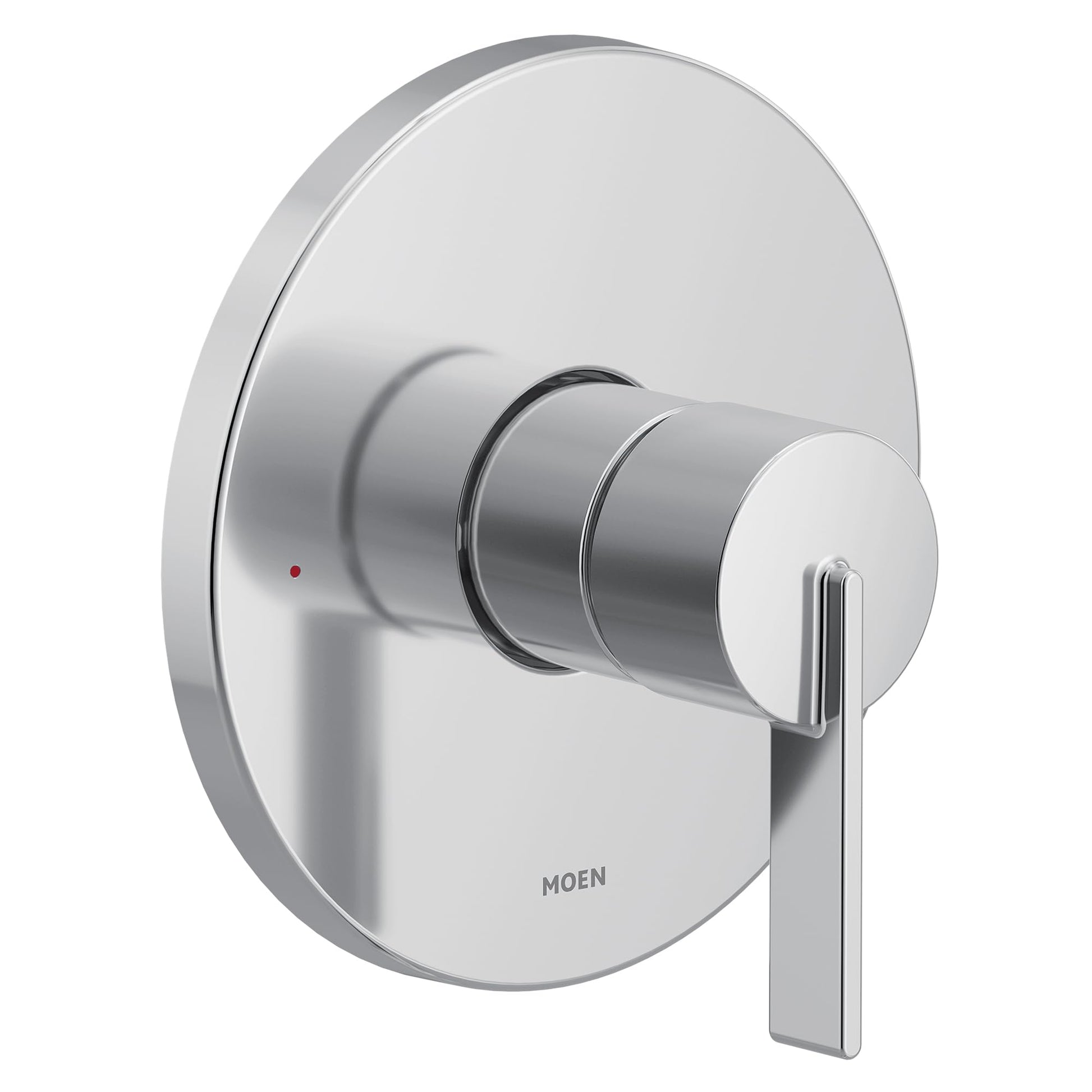 Chrome single-handle shower trim with round escutcheon plate and lever handle.