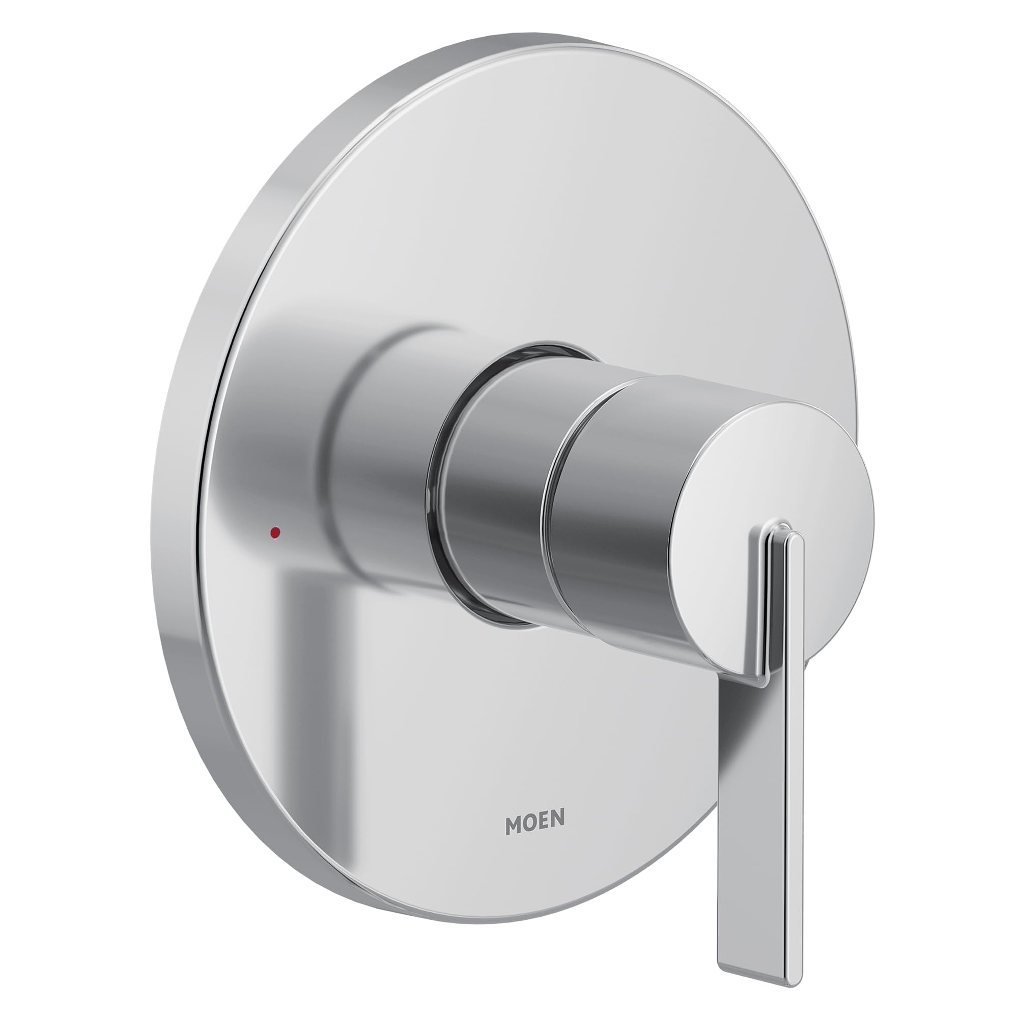 Chrome single-handle shower trim with round escutcheon plate and lever handle.