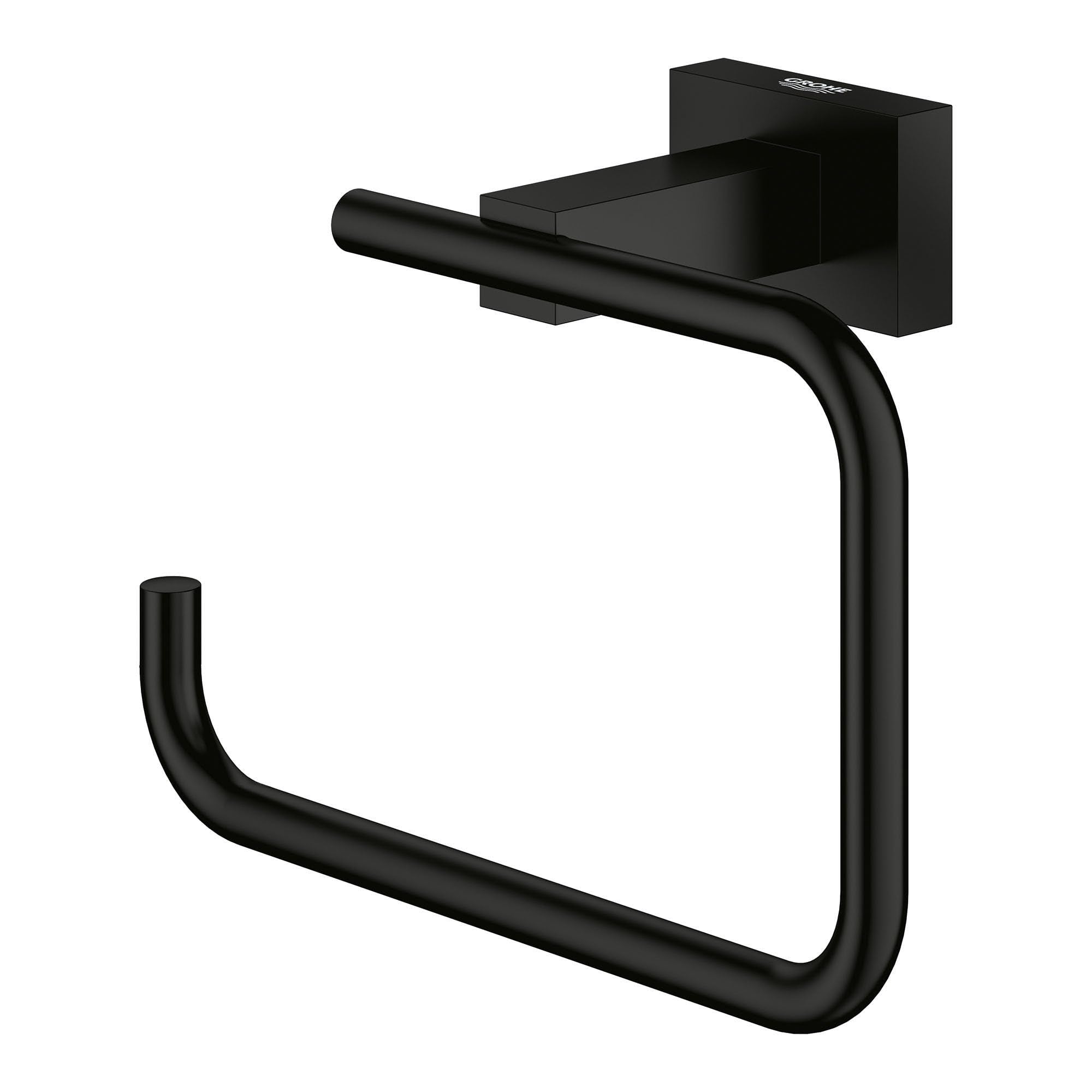Matte black toilet paper holder with curved metal rod and square mounting plate.
