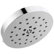 Chrome and white round shower head with multiple spray nozzles arranged in circular pattern and central jets.