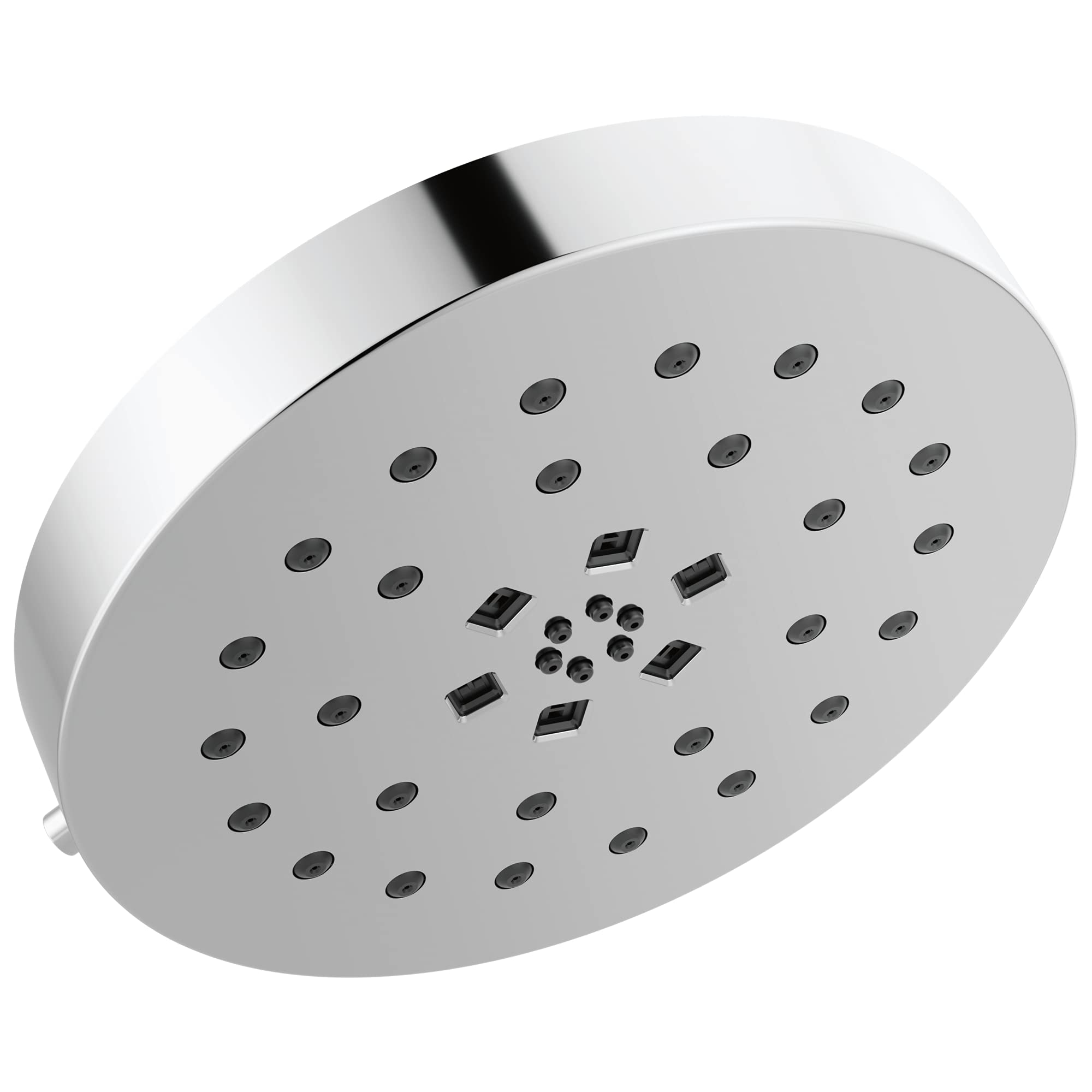 Chrome and white round shower head with multiple spray nozzles arranged in circular pattern and central jets.