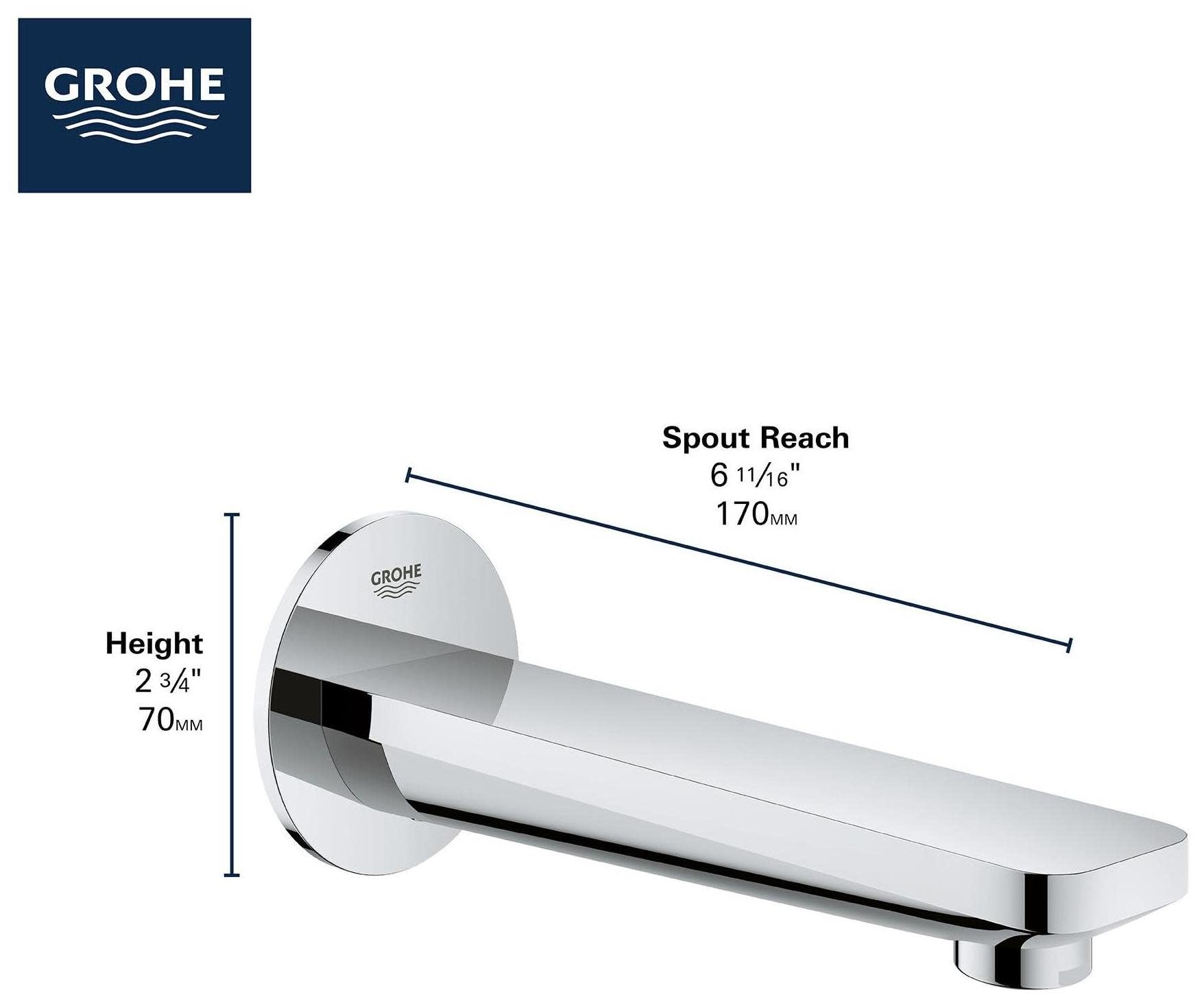 Grohe Lineare brushed nickel tub spout with angled spout, 6 11/16" reach and 2 3/4" height.
