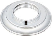 Chrome finish round handle base with central opening and integrated gasket seal.