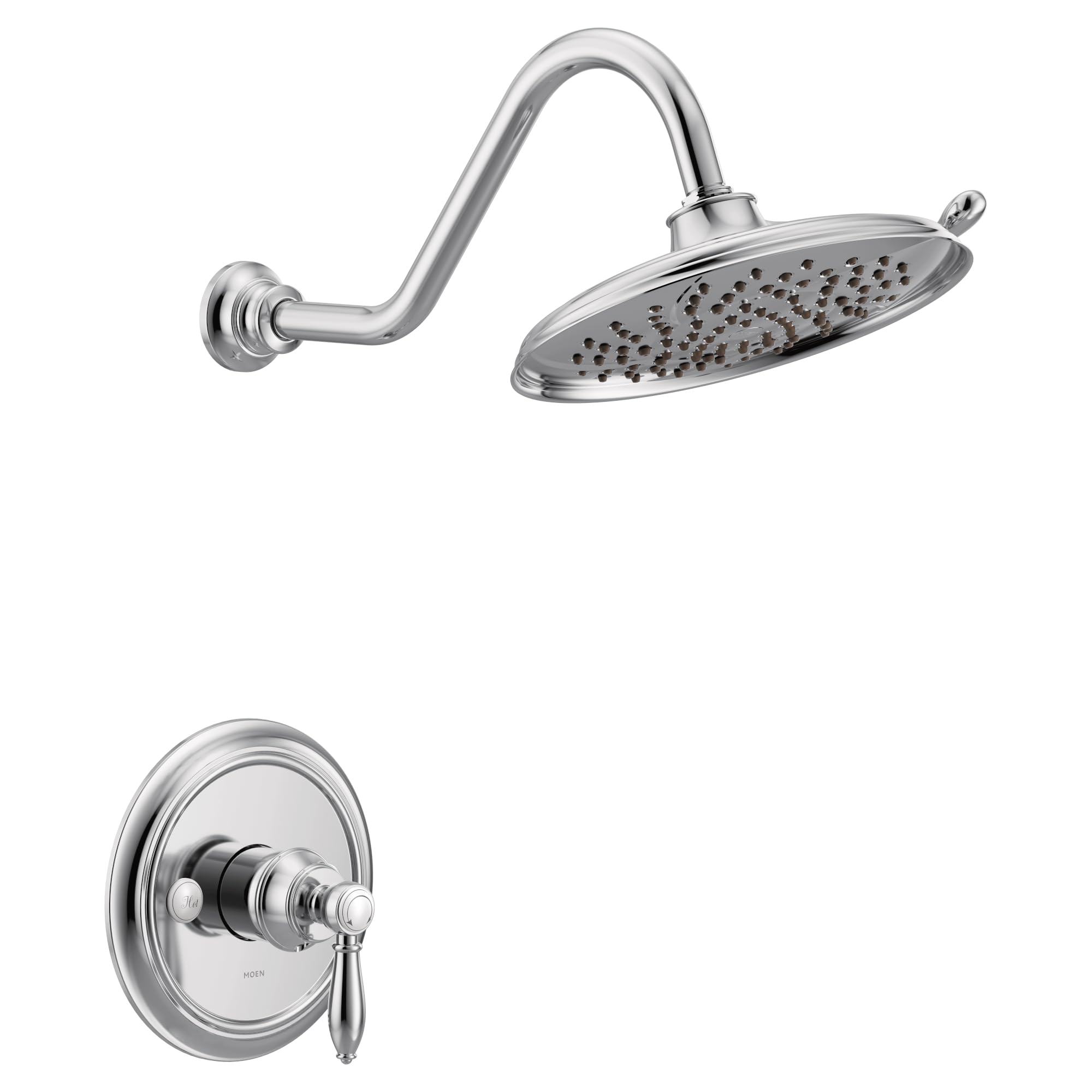 Chrome shower trim kit with curved arm, oval showerhead with perforations, and single-handle wall-mounted valve trim.